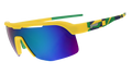 Side view of yellow shield sunglasses with light green mirrored lenses and patterned temple arms.