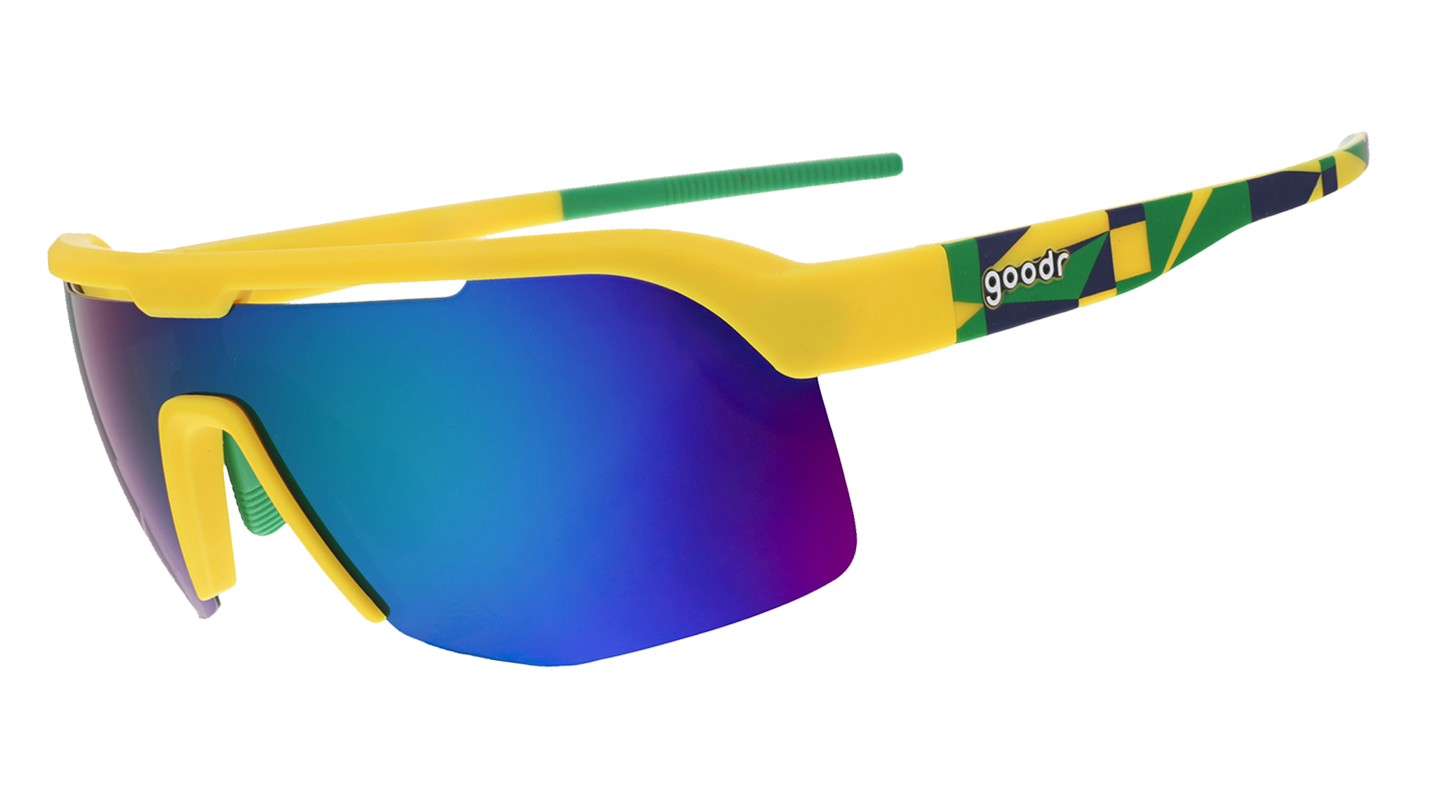 Side view of yellow shield sunglasses with light green mirrored lenses and patterned temple arms.