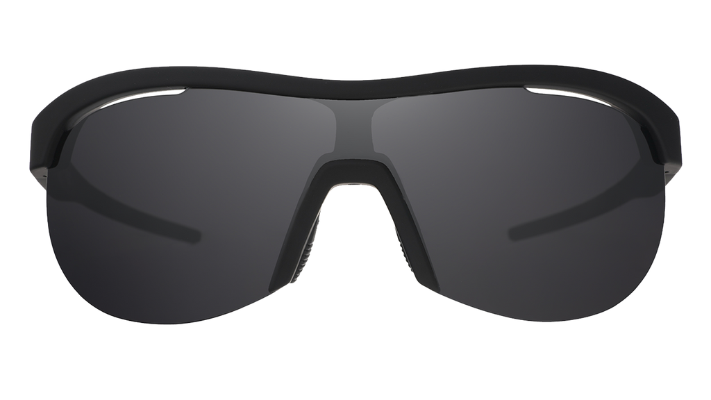 Front view of black wrap shield sunglasses with black polarized lenses against a white background.