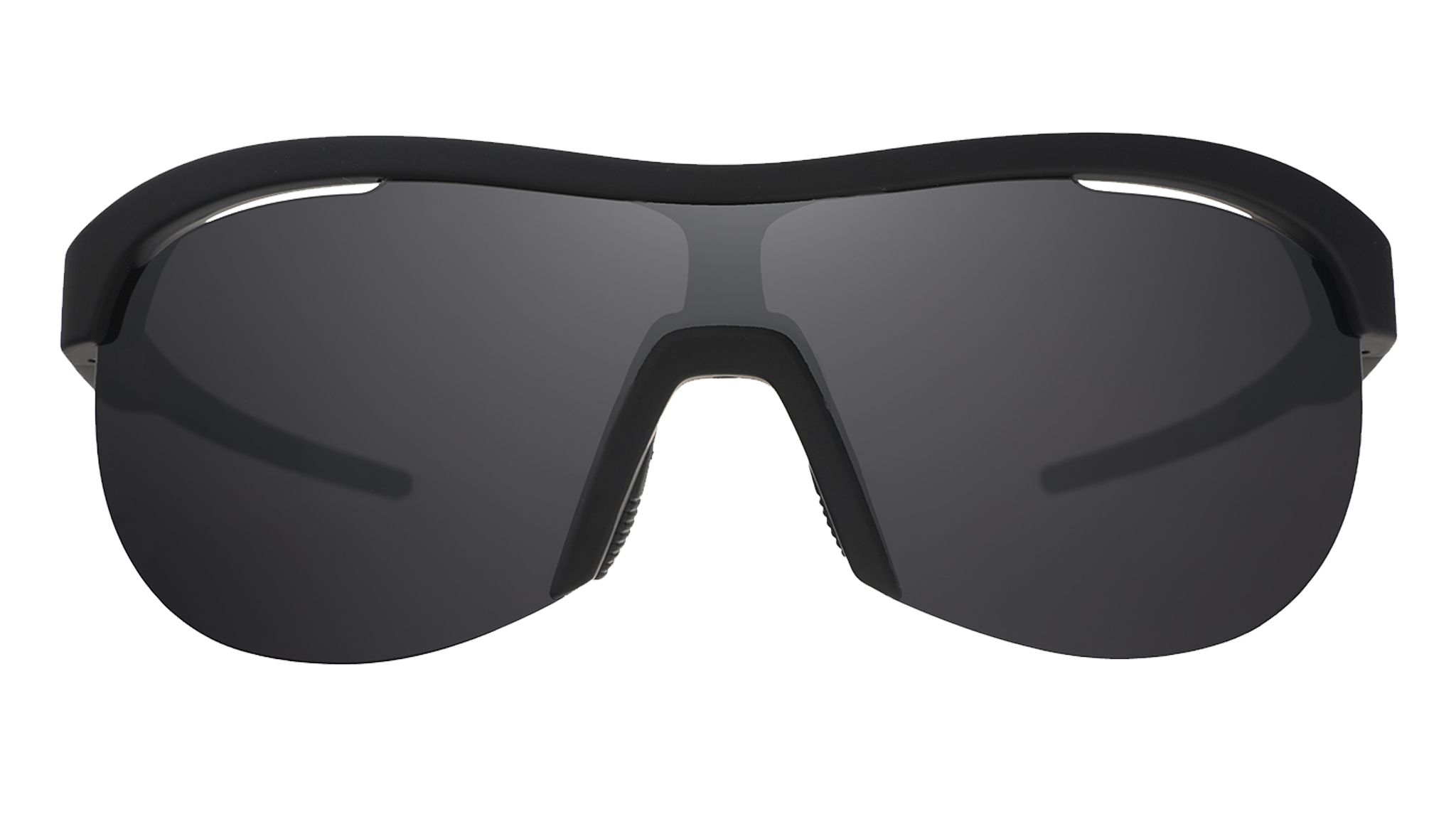 Front view of black wrap shield sunglasses with black polarized lenses against a white background.