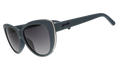A pair of grey cat eye sunglasses with dark lenses and gold accents on the sides of each frame.