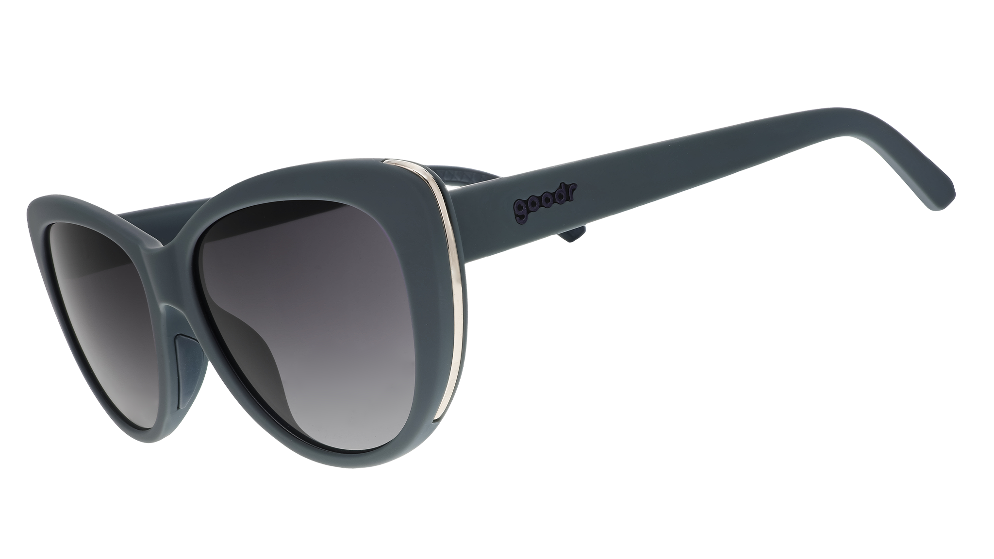 A pair of grey cat eye sunglasses with dark lenses and gold accents on the sides of each frame.