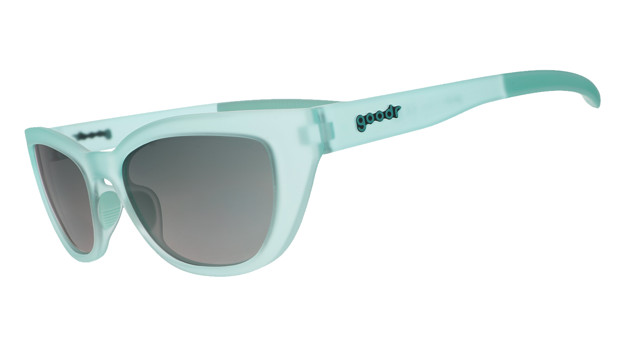 Three-quarter angle view of translucent pale green Cheetah G sunglasses with green gradient lenses.