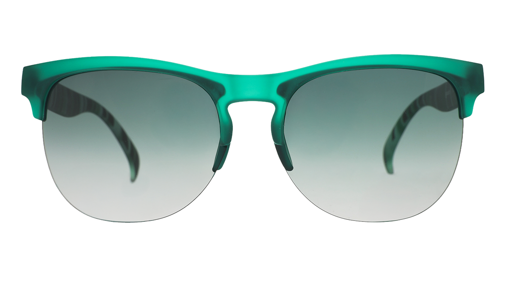Front view of green translucent sunglasses with mirrored lenses and lightweight half-rim frame.