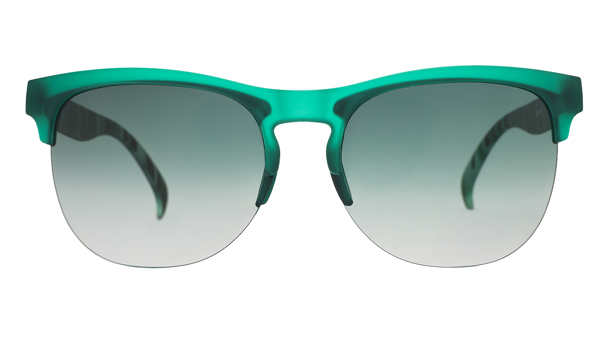 Front view of green translucent sunglasses with mirrored lenses and lightweight half-rim frame.