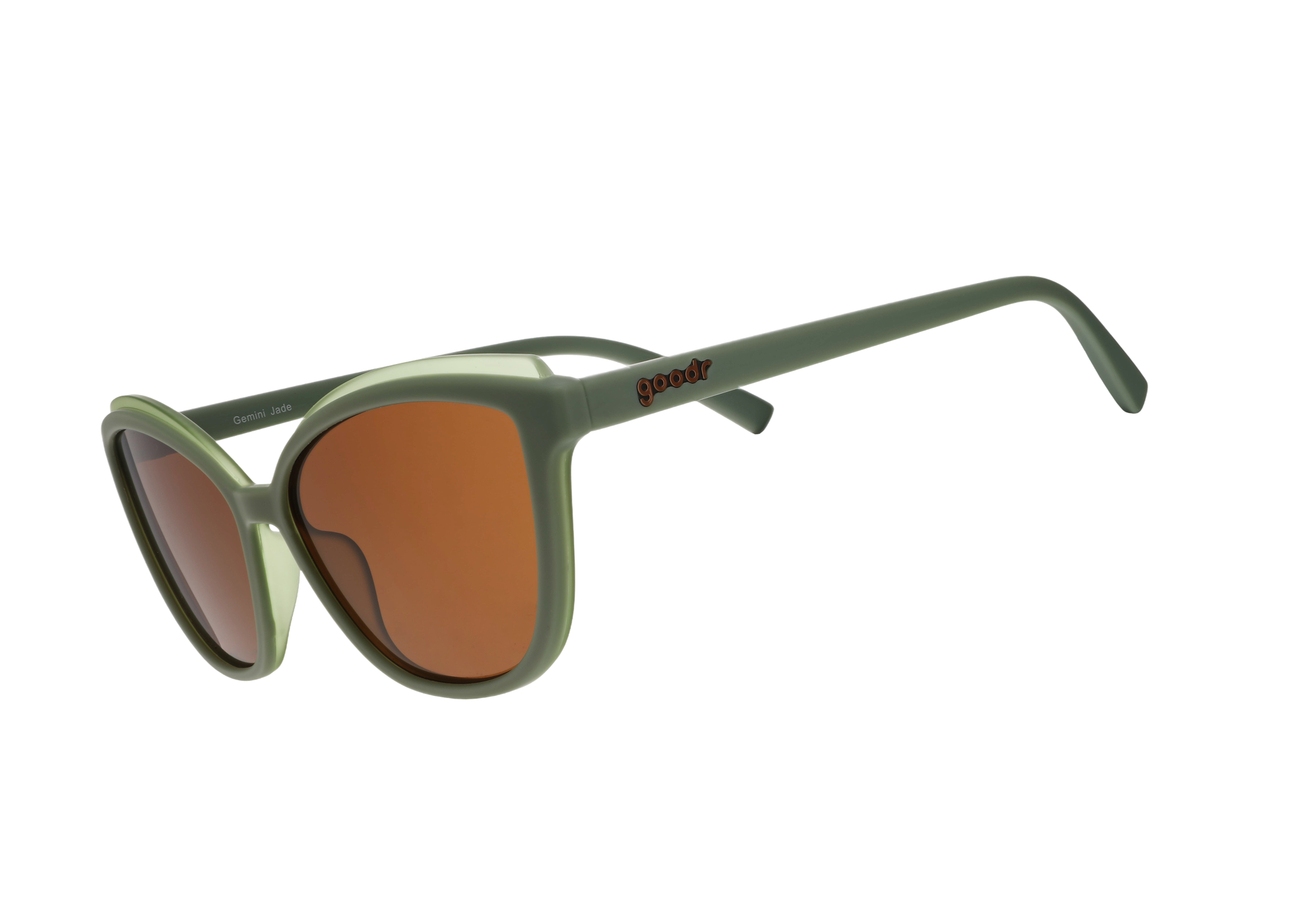 Green sunglasses with brown lenses on a white background