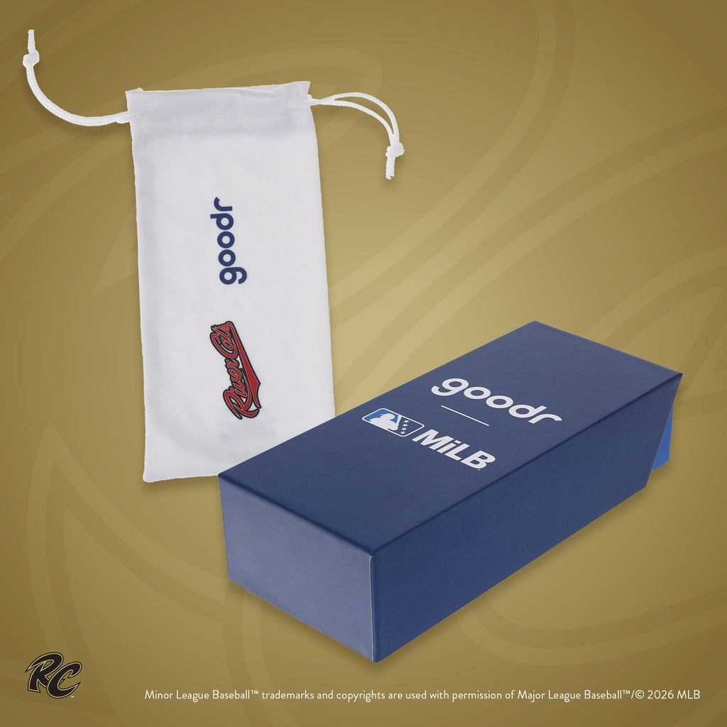 Front view of custom Minor League Baseball-themed packaging with a patterned microfiber bag and box.