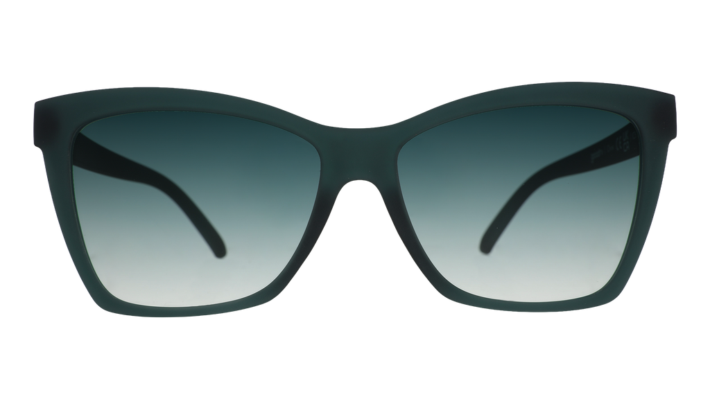 Front view of a pair of angular, translucent teal Pop Gs with green gradient lenses.
