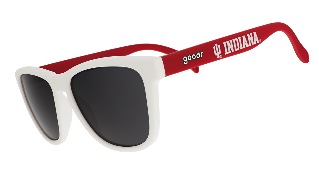 Three-quarter angle view of red & white Indiana University® shades with black lenses representing the Hoosier Nation™.