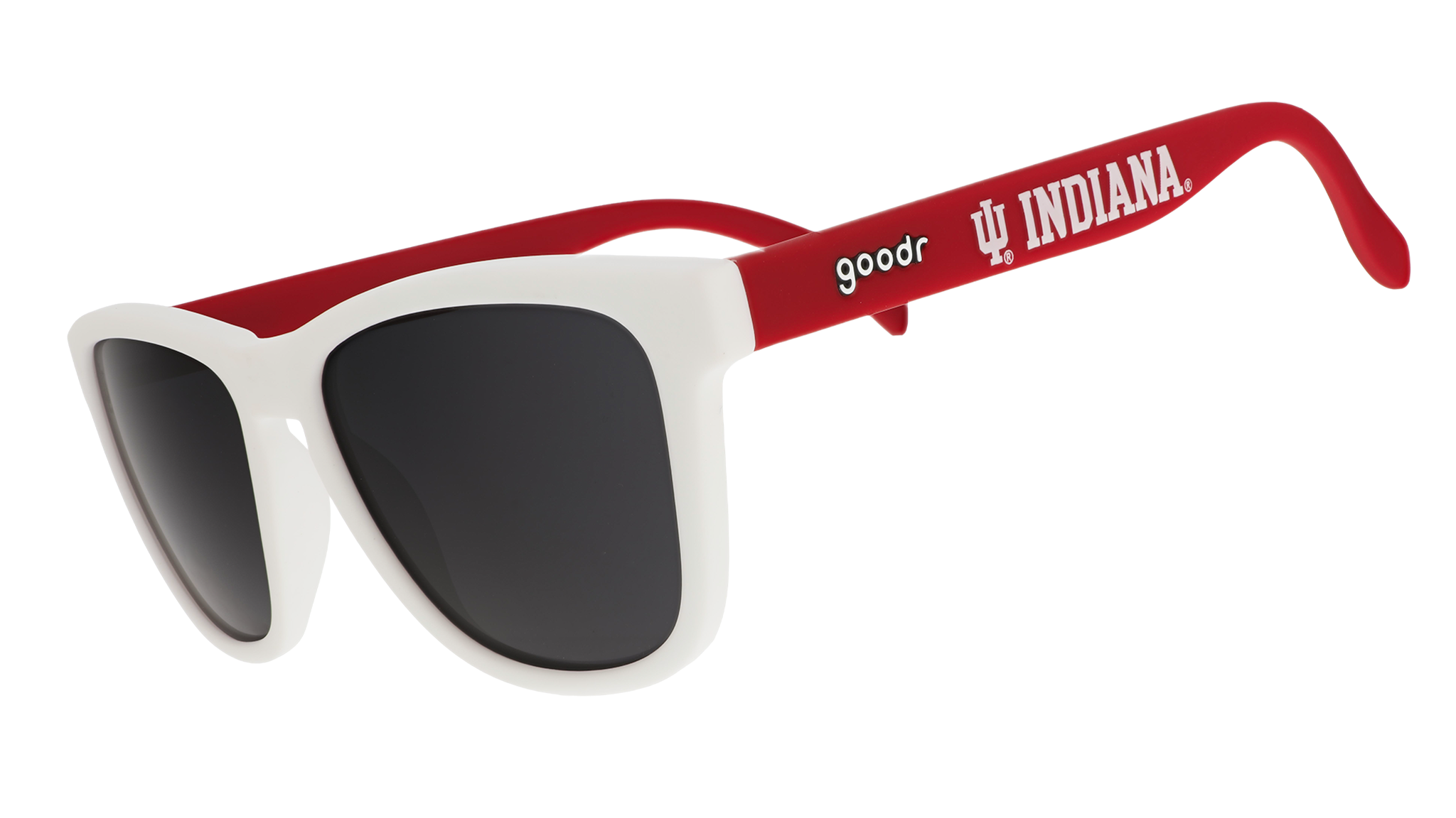 Three-quarter angle view of red & white Indiana University® shades with black lenses representing the Hoosier Nation™.