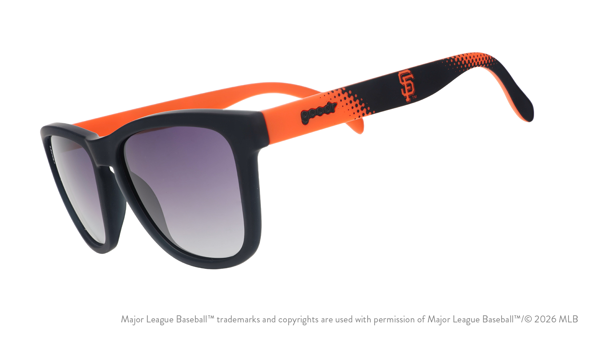 Three-quarter angle view of a pair of black and orange Giants sunglasses featuring the SF logo on the arm.