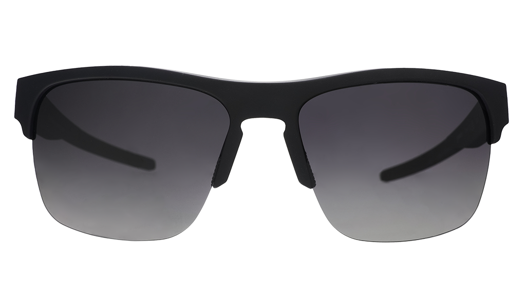 Front view of black half-rim sunglasses with polarized black gradient lenses.