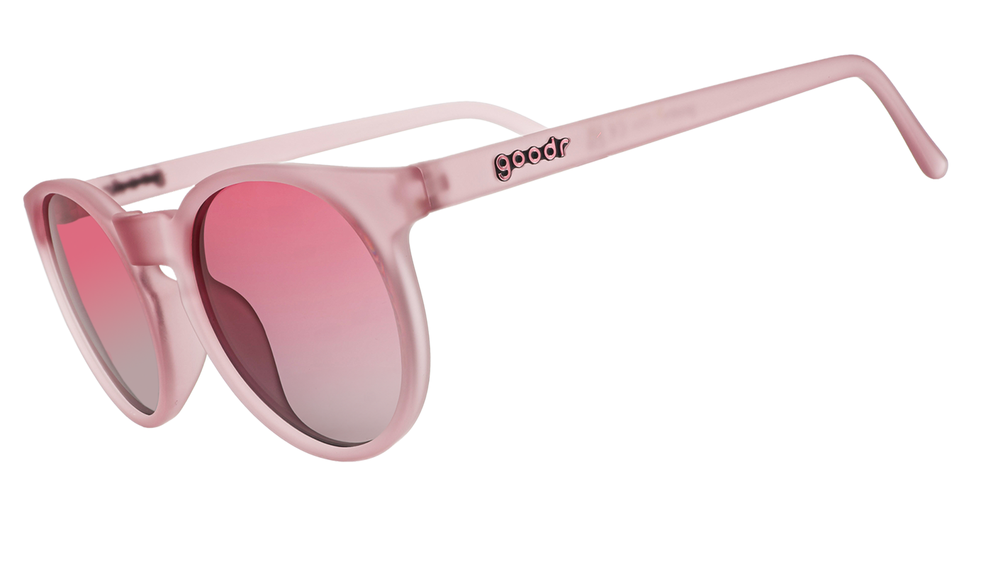 A pair of pink goodr sunglasses with round frames and pink lenses