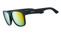 Three-quarter angle view of large square-shaped black sunglasses with mirrored amber lenses.