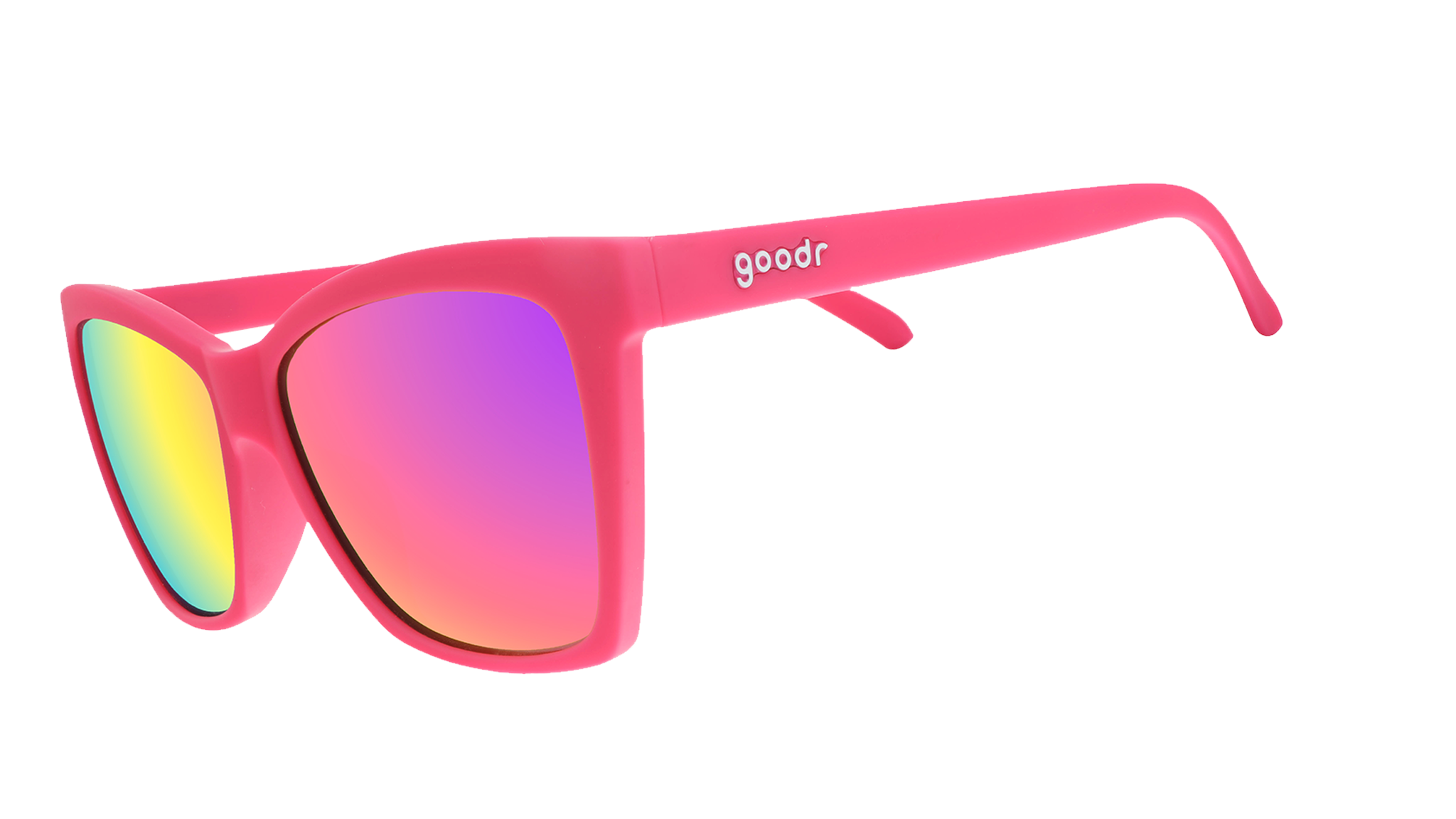 Three-quarter angle view of hot pink angled cat-eye sunglasses with pink reflective lenses.