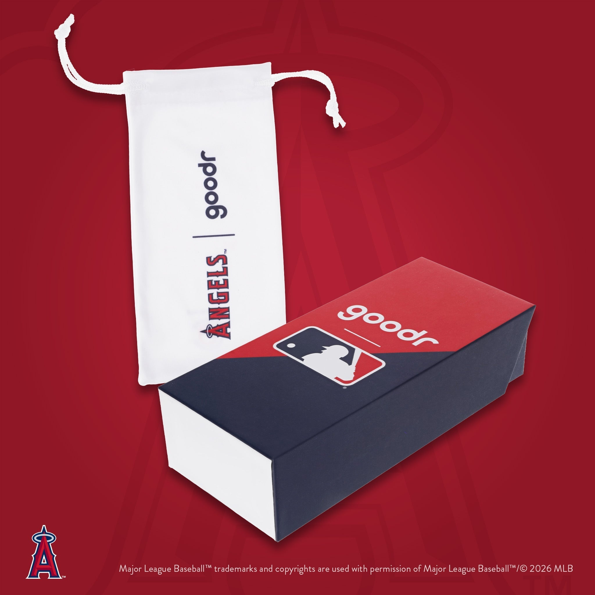 Photograph of custom packaging, featuring a white Angels-branded microfiber bag and MLB-themed product box.