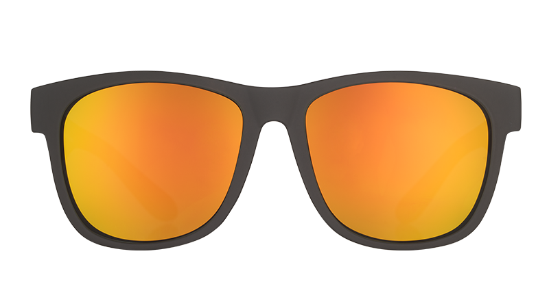 Front view of large square-shaped black sunglasses with mirrored amber lenses.