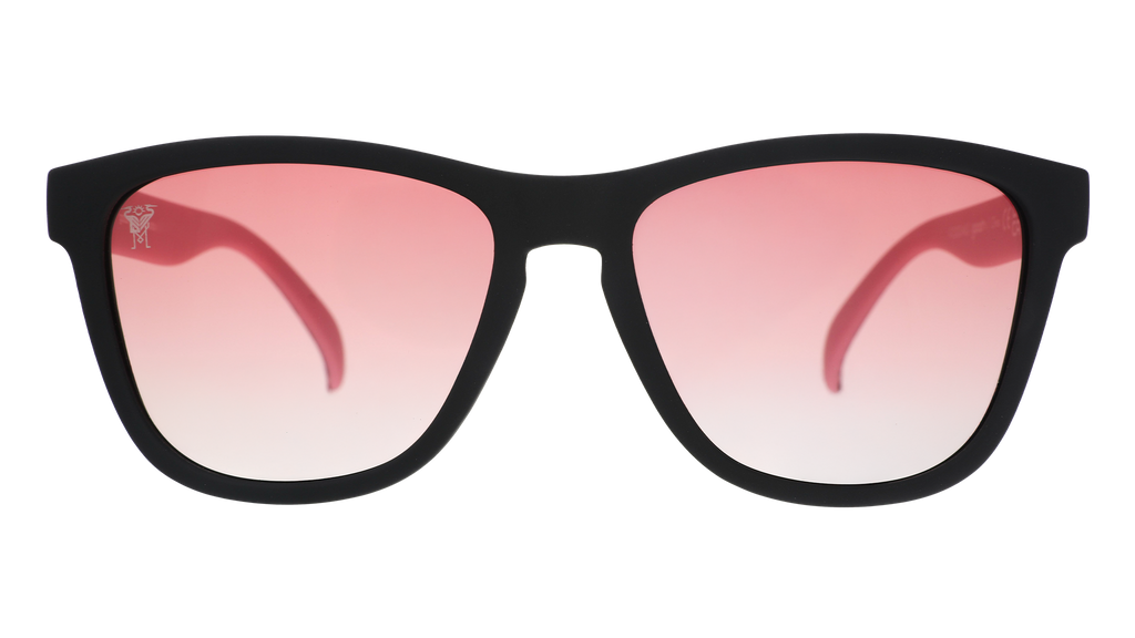 Front view of Inter Miami CF Major League Soccer sunglasses with black and pink frames and rose lenses.
