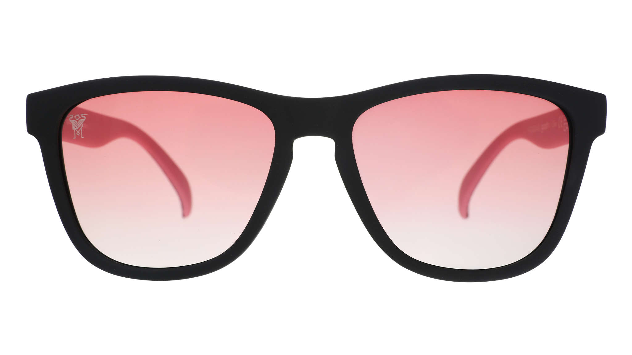 Front view of Inter Miami CF Major League Soccer sunglasses with black and pink frames and rose lenses.