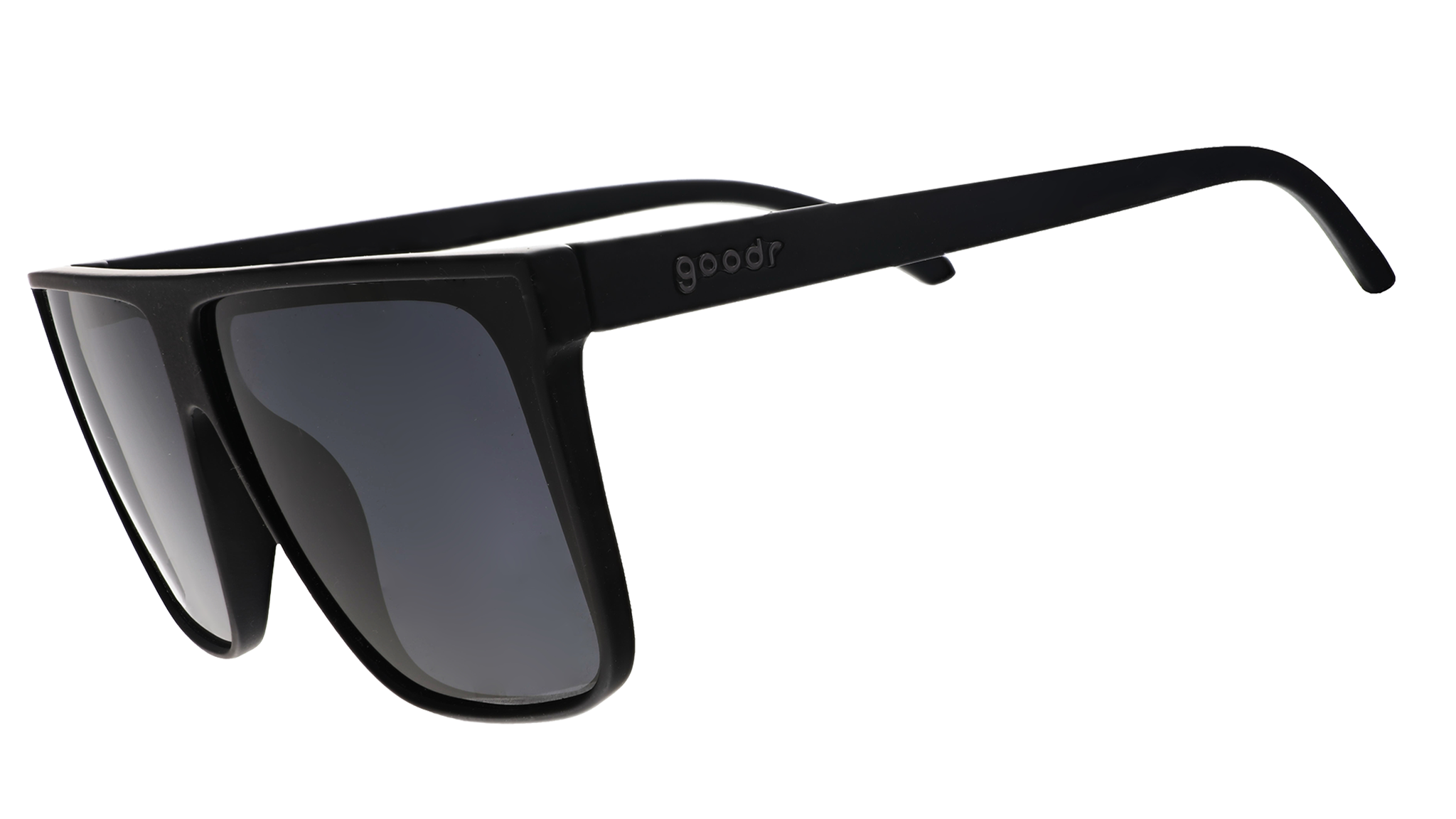 Three-quarter view of black wide-fit, oversized flat-top sunglasses with black non-reflective lenses.