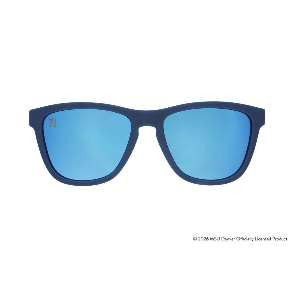 Front view of sunglasses. Solid blue front frame. Blue reflective lenses. MSU DENVER etching in top corner of lens.