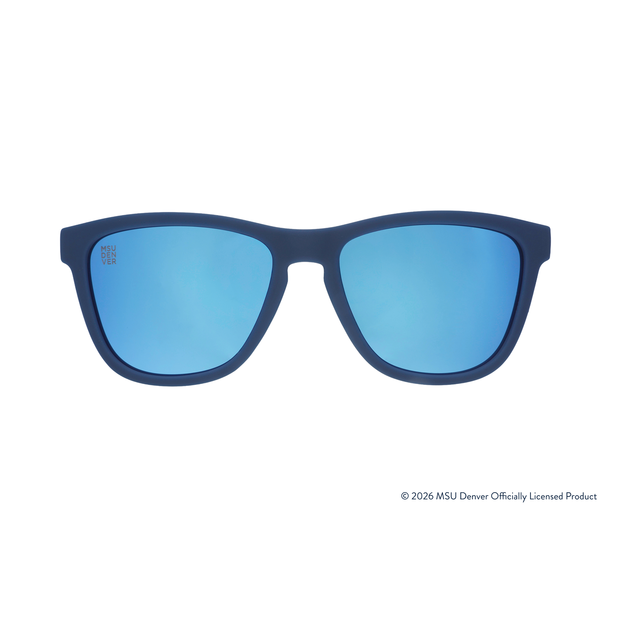 Front view of sunglasses. Solid blue front frame. Blue reflective lenses. MSU DENVER etching in top corner of lens.