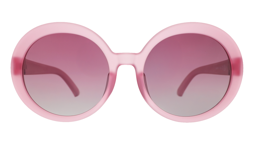 Front view of translucent pink Mood G sunglasses with purple gradient lenses.
