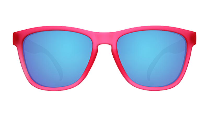Front angle view of pink sunglasses with teal reflective lenses/