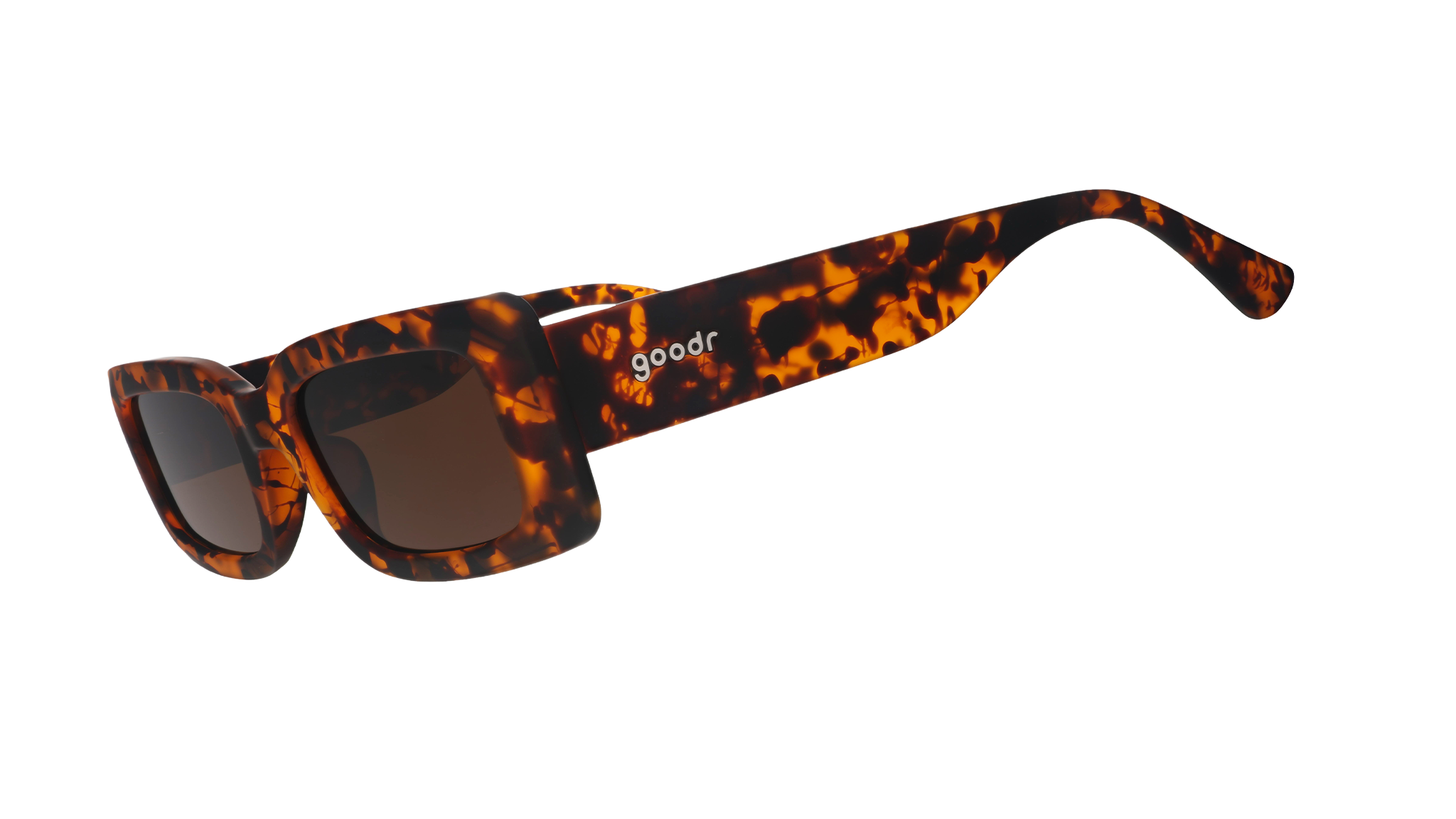 Three-quarter angle view of tortoiseshell rectangular sunglasses with brown polarized lenses against a white background.