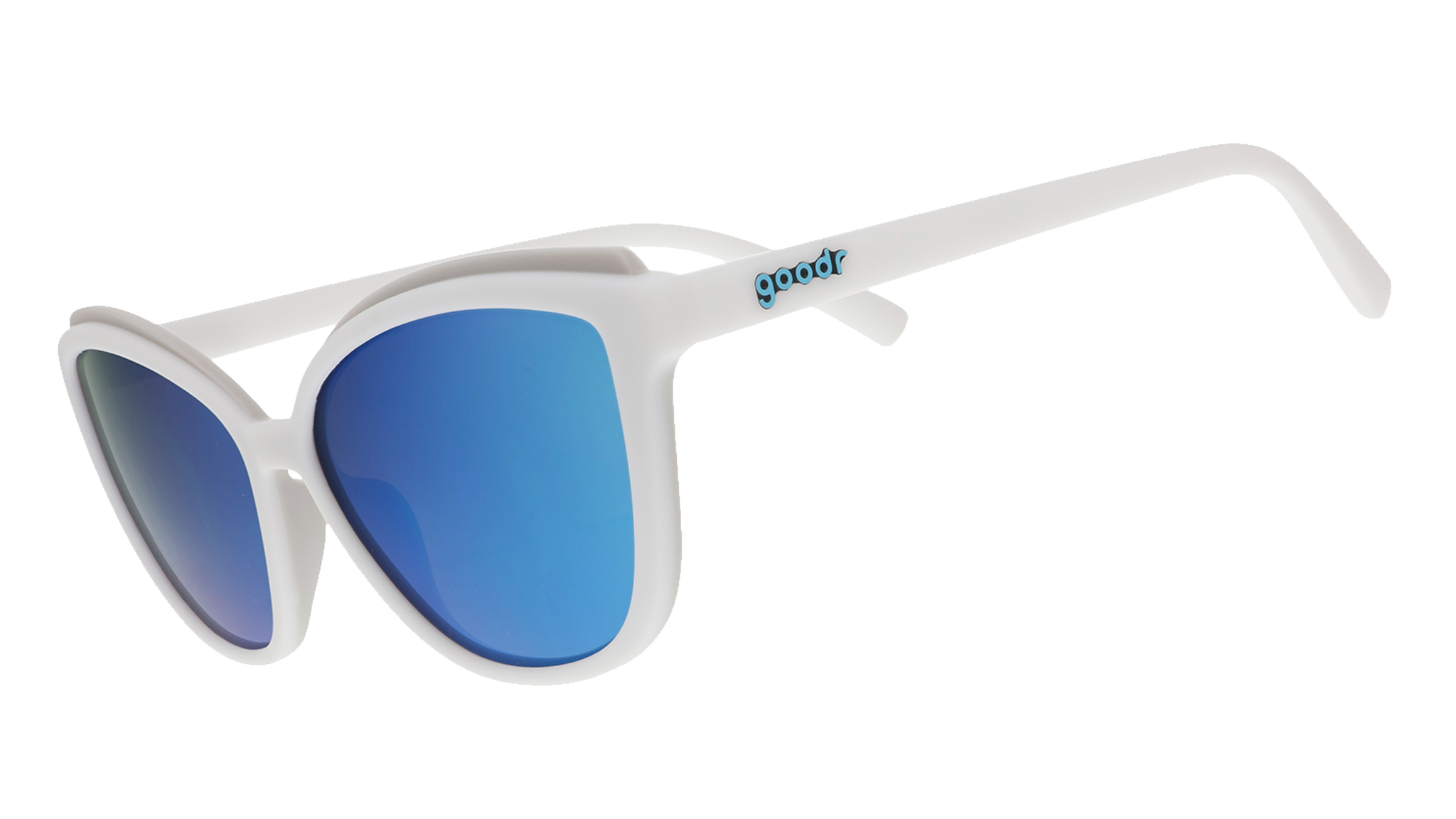 White cat-eye sunglasses with light blue mirrored lenses on a blue patterned background.