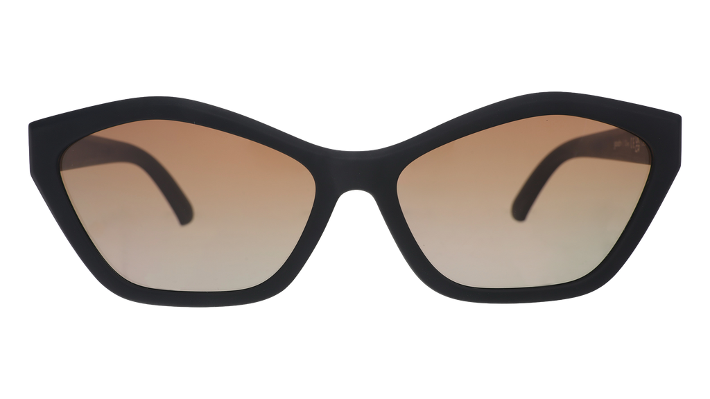 Front view of black geometric cat-eye sunglasses with amber gradient lenses against a white background.