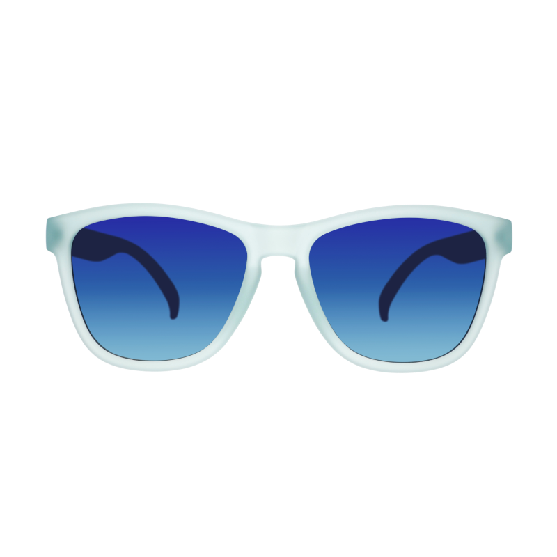 Front view of translucent light blue sunglasses with blue reflective lenses on white background.