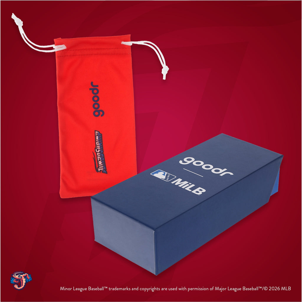 Front view of custom Minor League Baseball-themed packaging with a patterned microfiber bag and box.