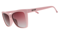 A pair of cat-eye sunglasses with light pink frames and rosy lenses.