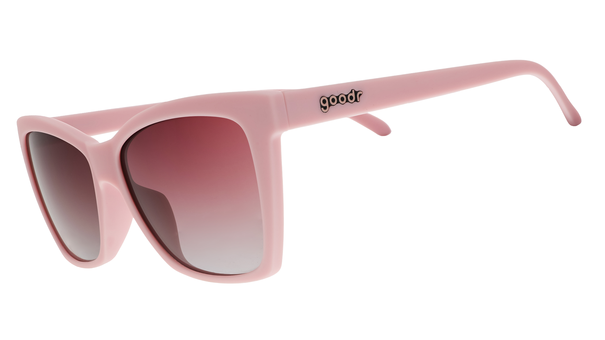 A pair of cat-eye sunglasses with light pink frames and rosy lenses.