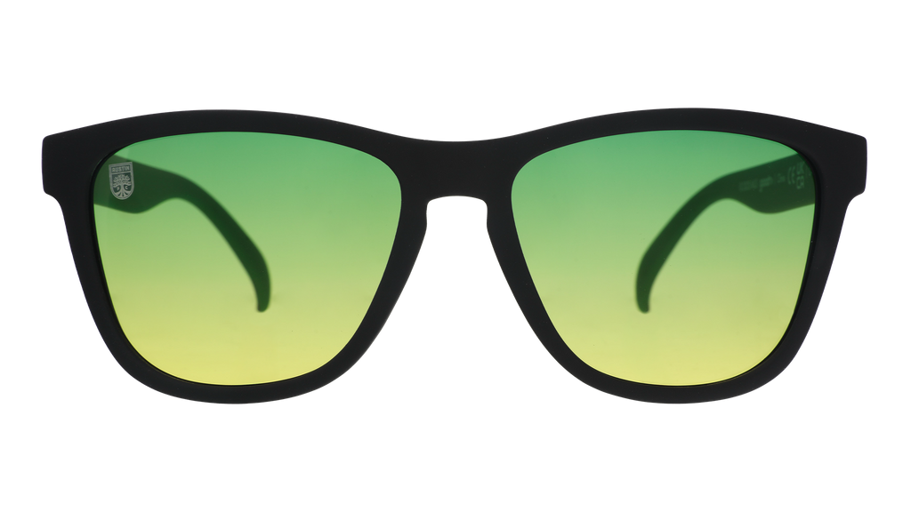 Front view of Austin FC Major League Soccer sunglasses with black front frame and green-yellow lenses