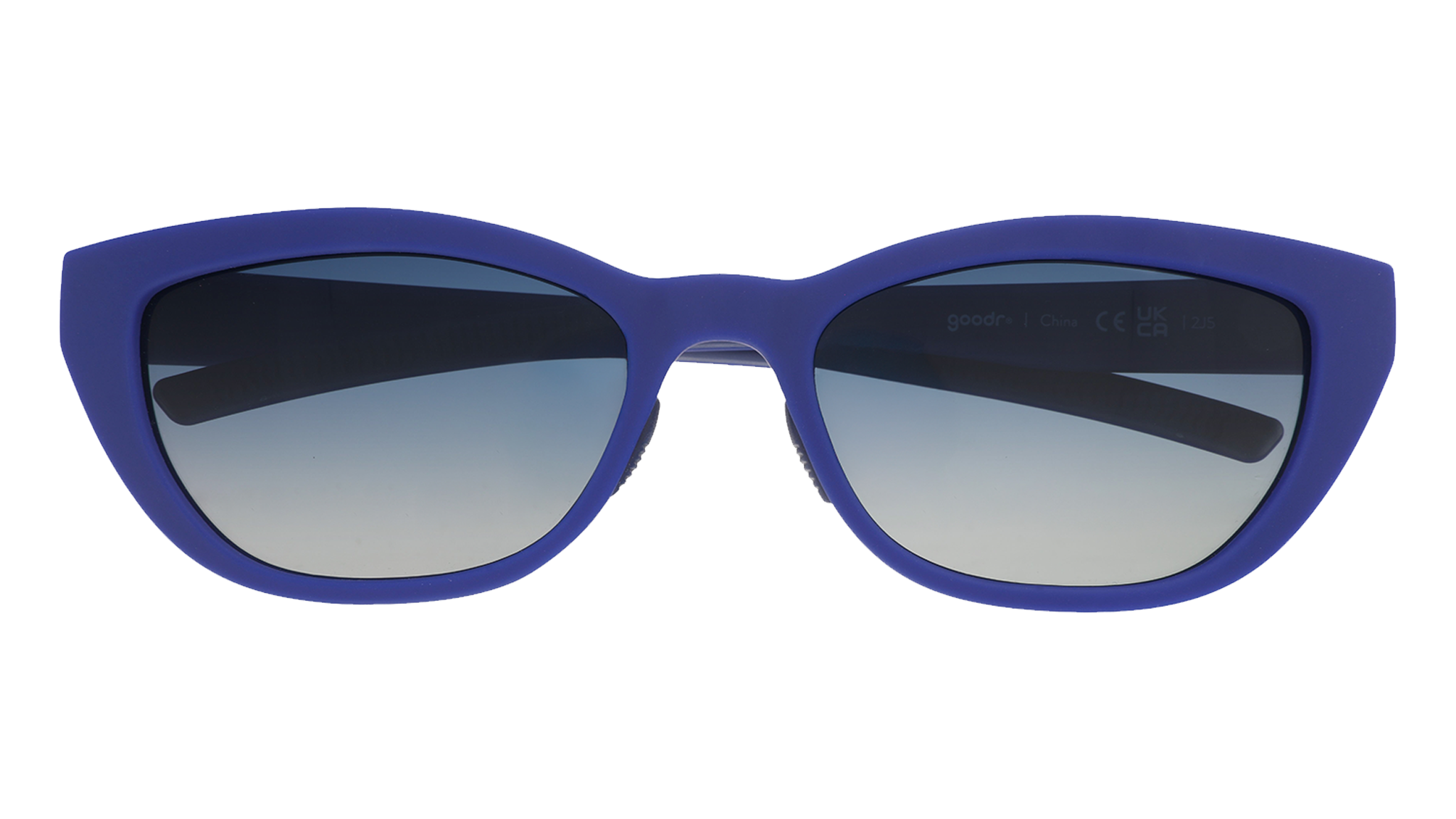 Front view of cat eye sunglasses. Navy blue front frame with blue gradient lenses on a white background.