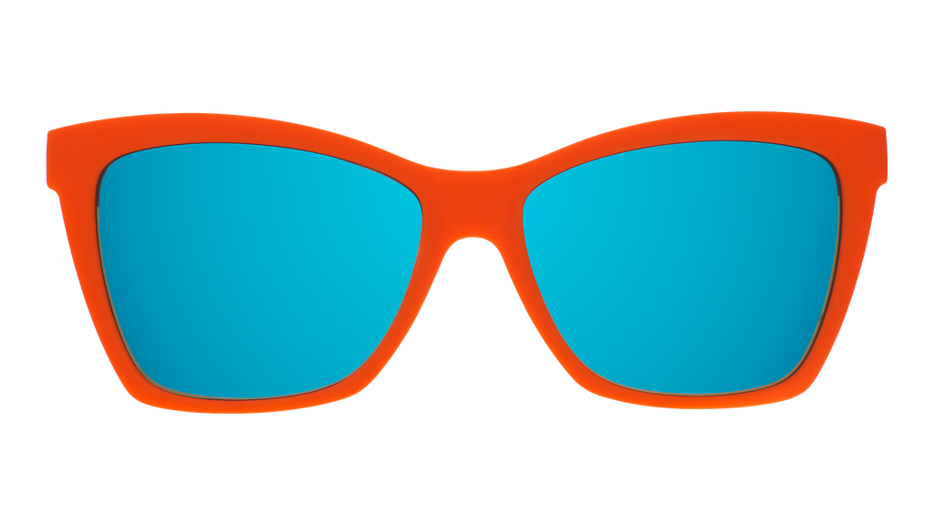Front view of red angular sunglasses with blue reflective lenses.