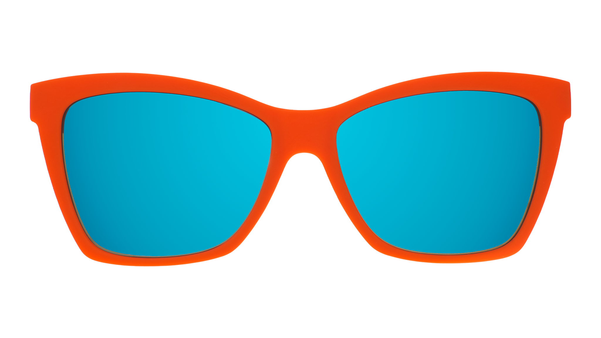 Front view of red angular sunglasses with blue reflective lenses.