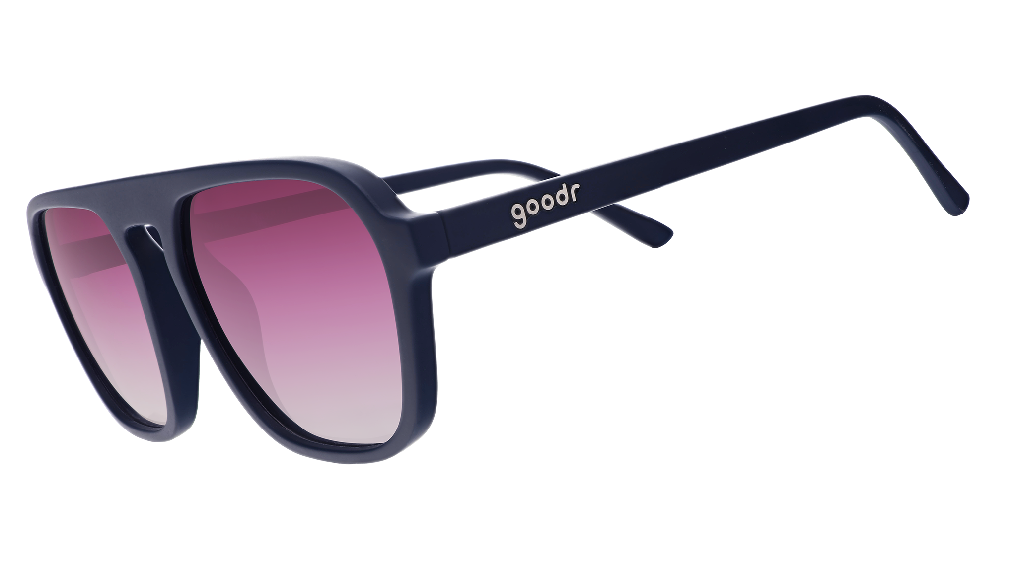 A pair of dark blue goodr sunglasses with gradient pink lenses, on a white background.