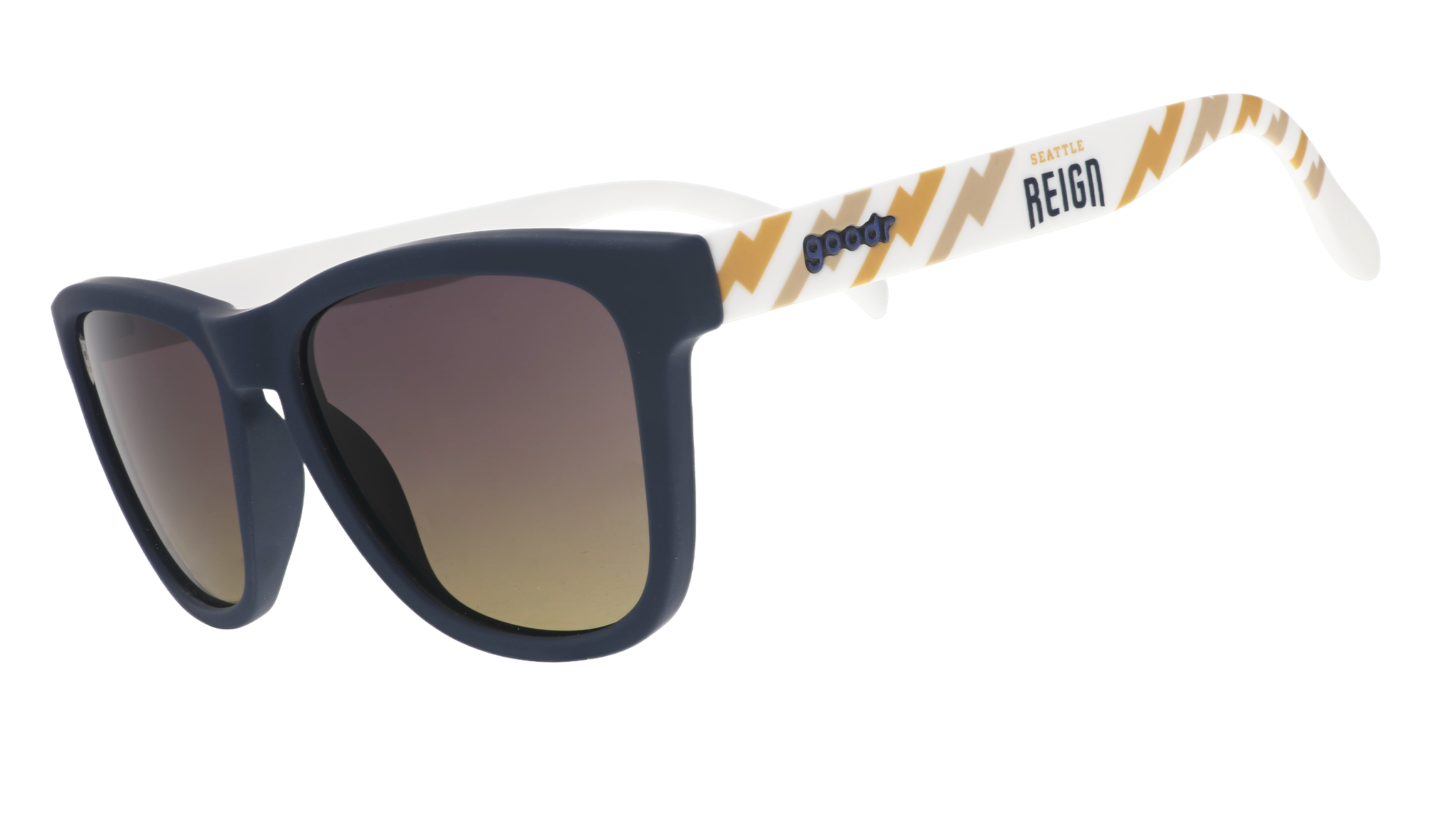 Three-quarter view of black and white sunglasses with a golden sunrise pattern, the Seattle Reign logo, and gray-to-yellow ocean gradient lenses.