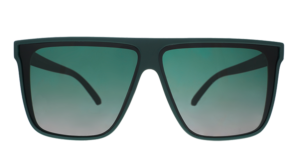 Front-facing view of dark green oversized flat-top sunglasses with green gradient lenses.