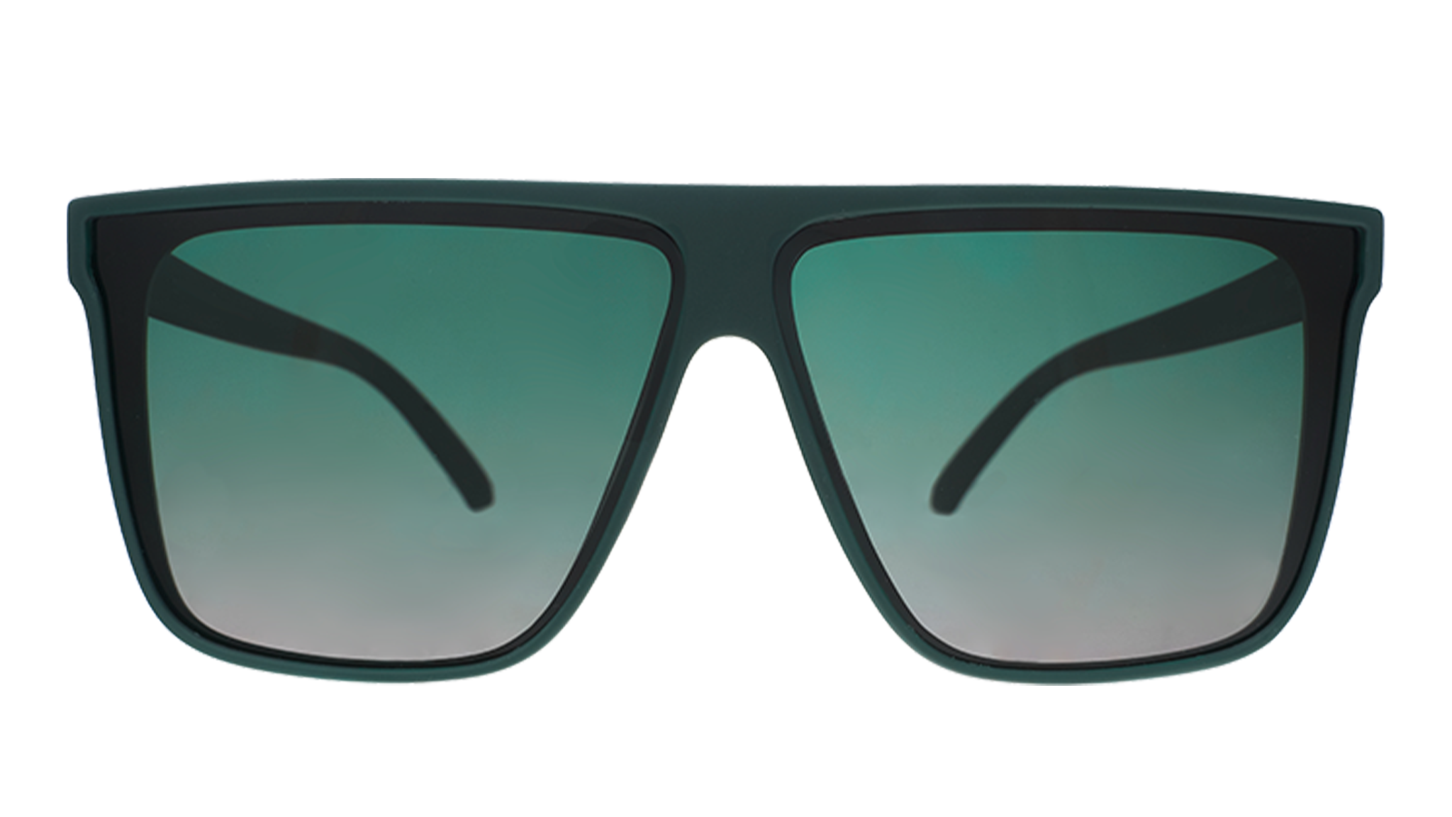 Front-facing view of dark green oversized flat-top sunglasses with green gradient lenses.