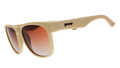 A pair of square sunglasses with tan frames and burnt orange lenses.