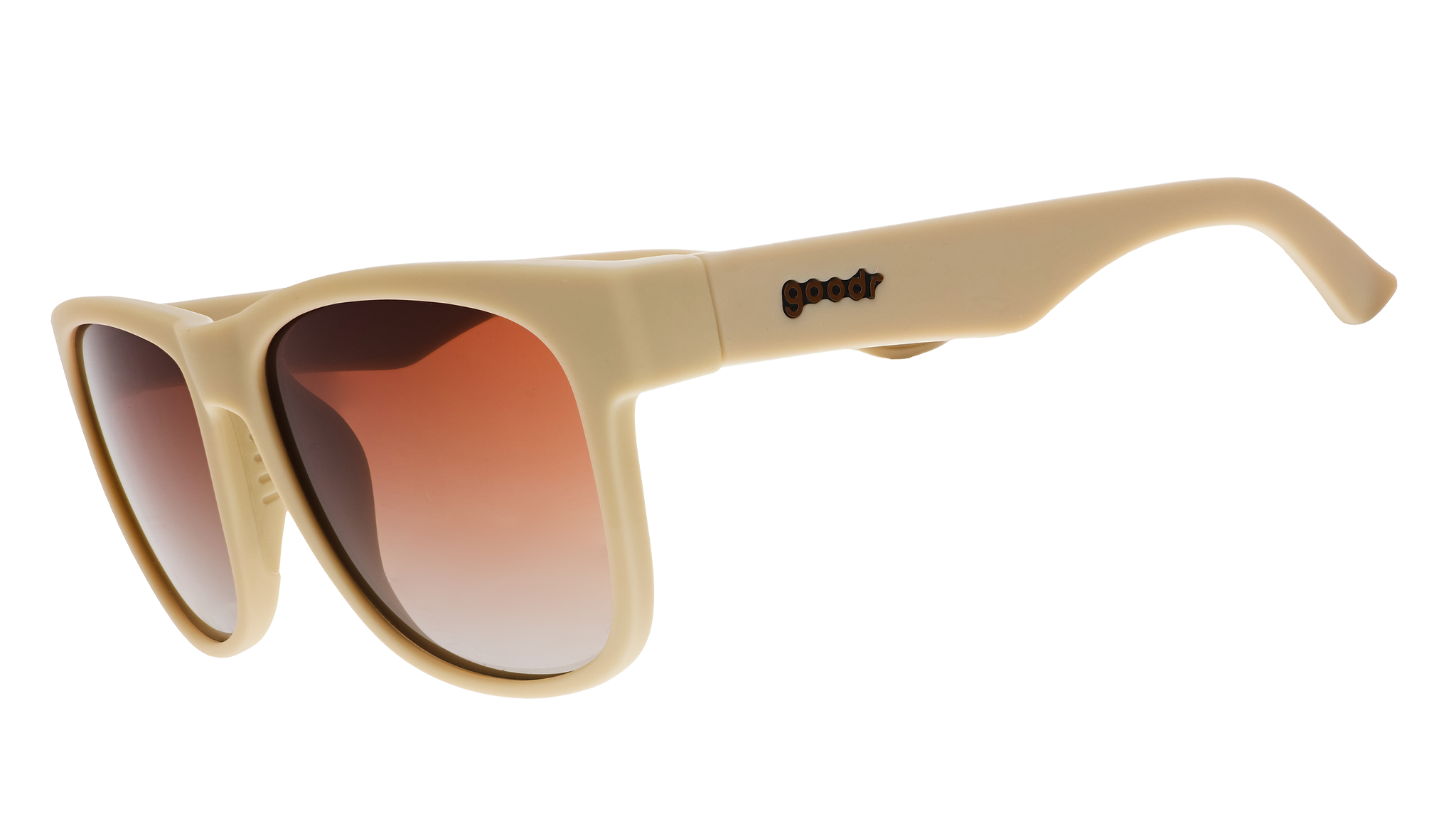 A pair of square sunglasses with tan frames and burnt orange lenses.