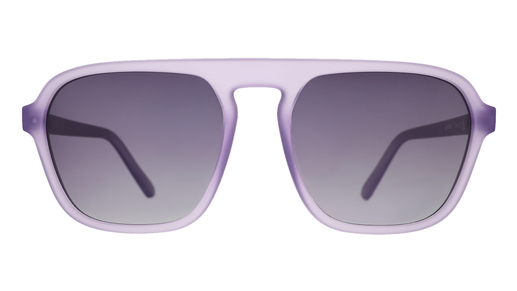 Front view of translucent pale purple aviator Retro G sunglasses with black gradient lenses.