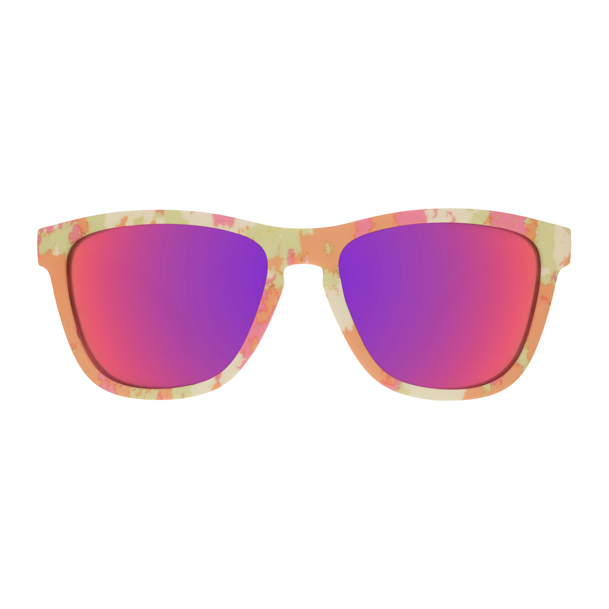 Front view of yellow, pink, and orange tie-dye shades with rose reflective lenses.