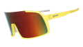 Three-quarter angle view of yellow wrap sunglasses with red reflective lenses.