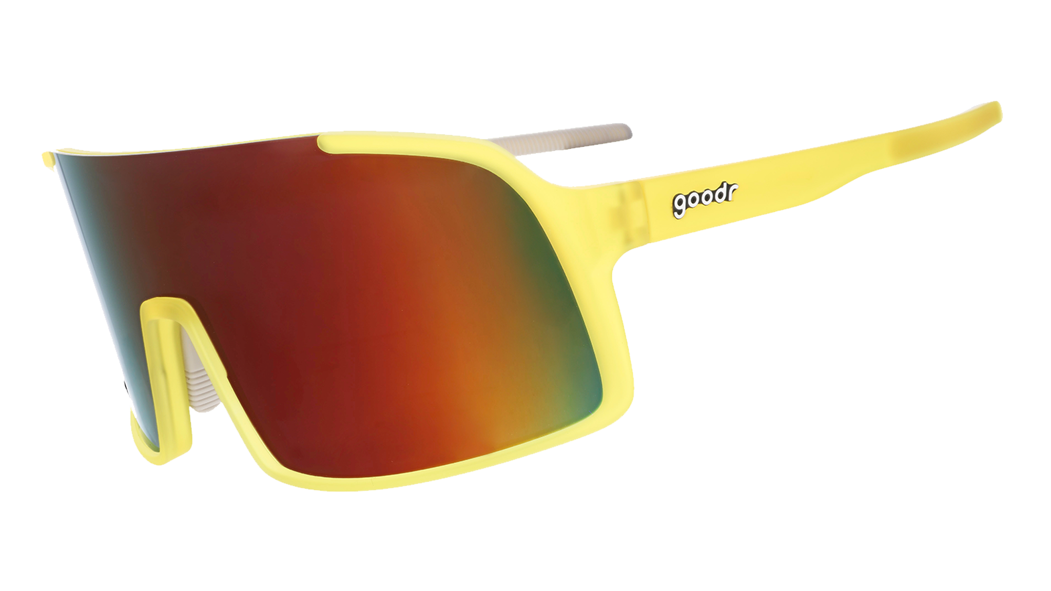 Three-quarter angle view of yellow wrap sunglasses with red reflective lenses.