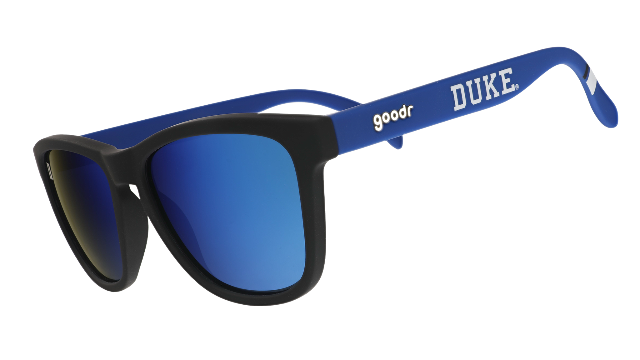 Three-quarter angle view of blue and black Duke University® Blue Devils® sunglasses with blue lenses.